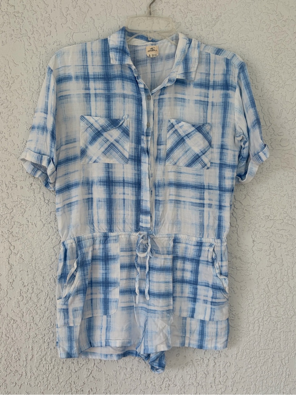 O’Neill Light Blue Plaid Short Sleeve romper